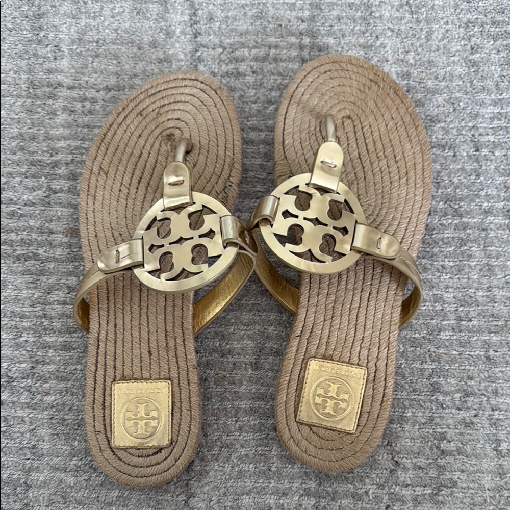 Tory Burch gold rope flip flops